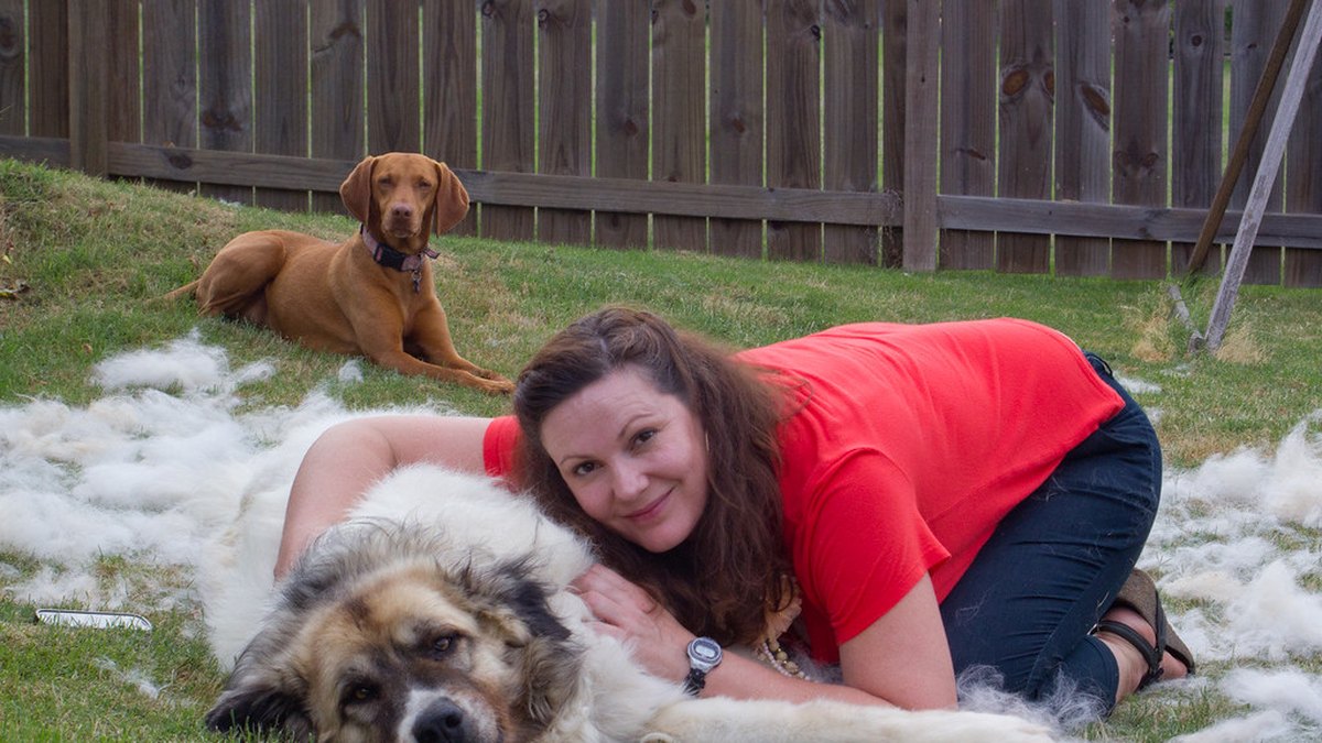 Mujer junto a sus perros en el jardín, con uno de ellos siendo cepillado